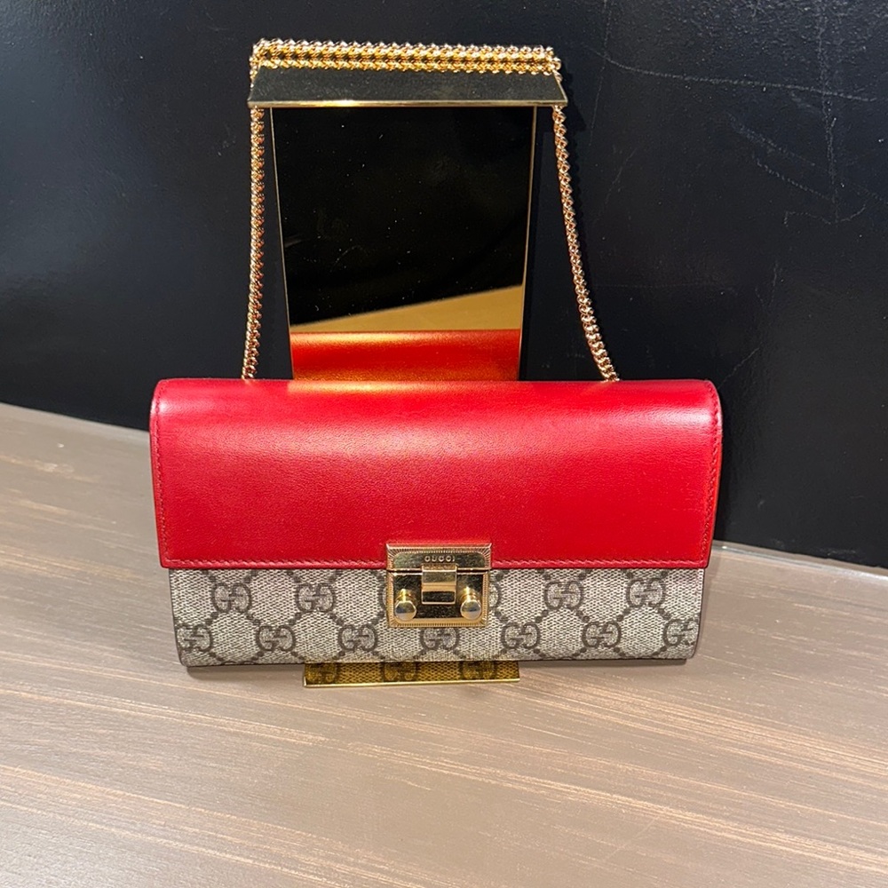 Gucci Red and Gray Clutch with Gold Chain